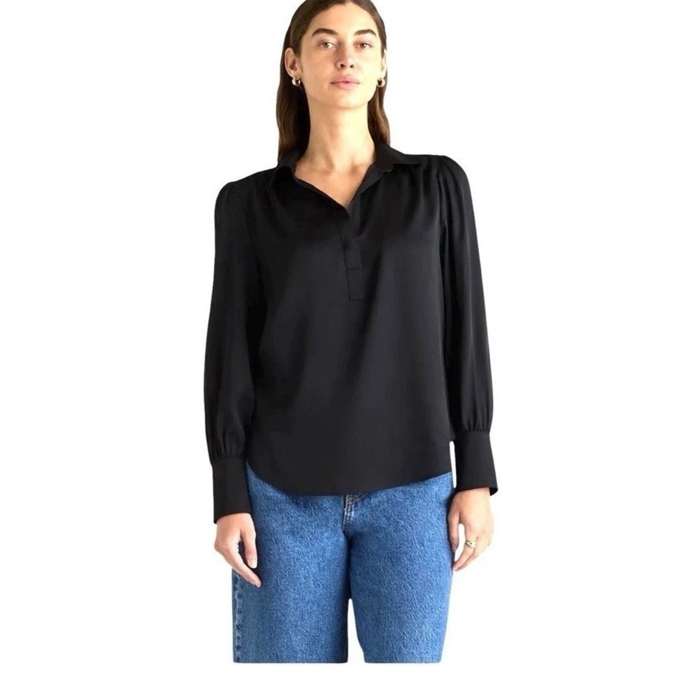 Quince Silk Blouse M Black Washable Stretch Silk Split Neck NWT Quiet Luxury